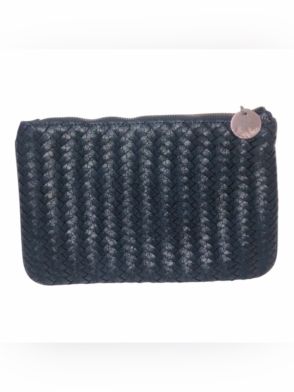 3 for $20 NEIMAN MARCUS Braided Woven Clutch Vegan Leather Make-Up Bag Navy Blue